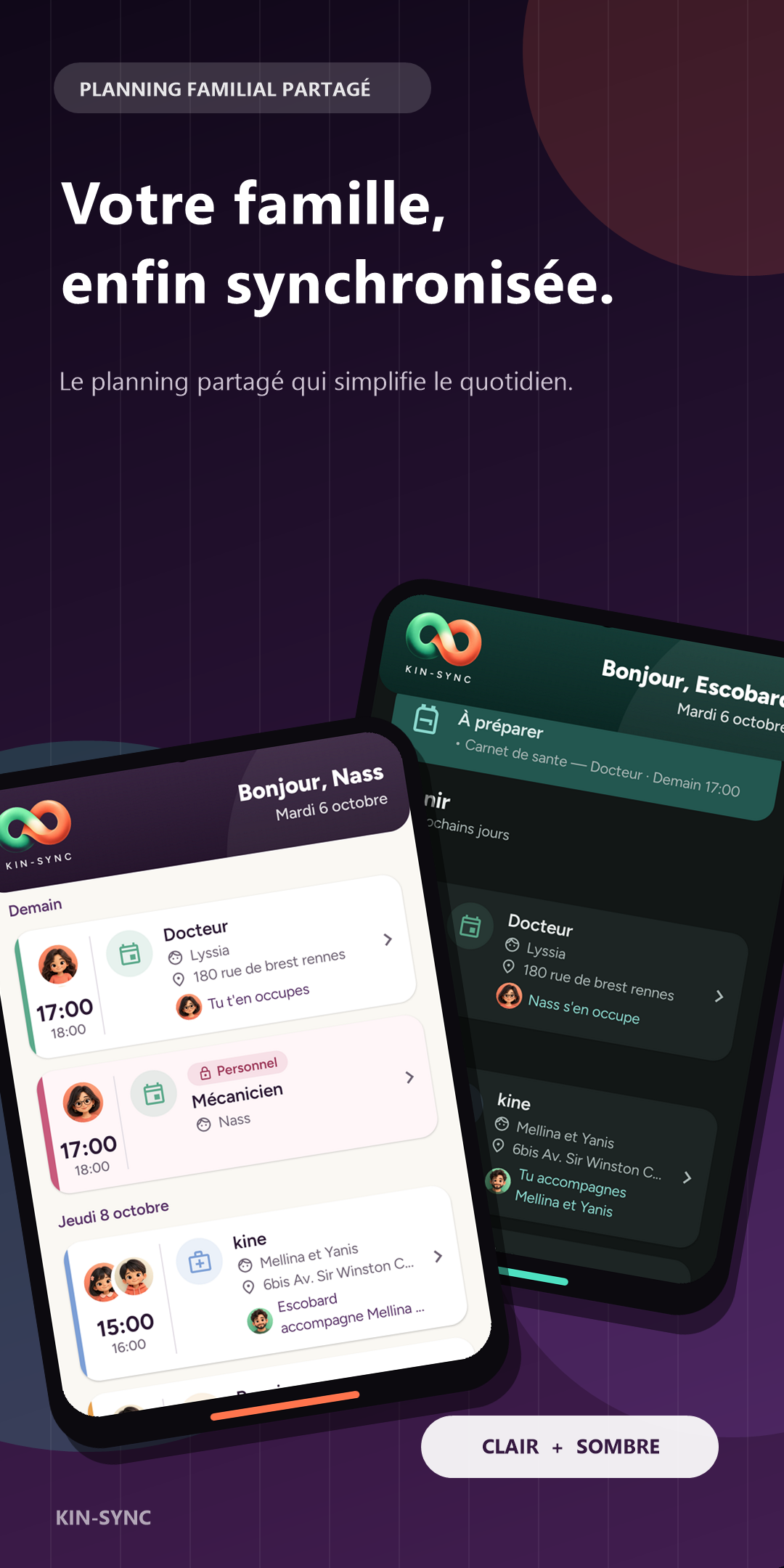 KIN-SYNC, un planning familial partagé présenté sur deux téléphones