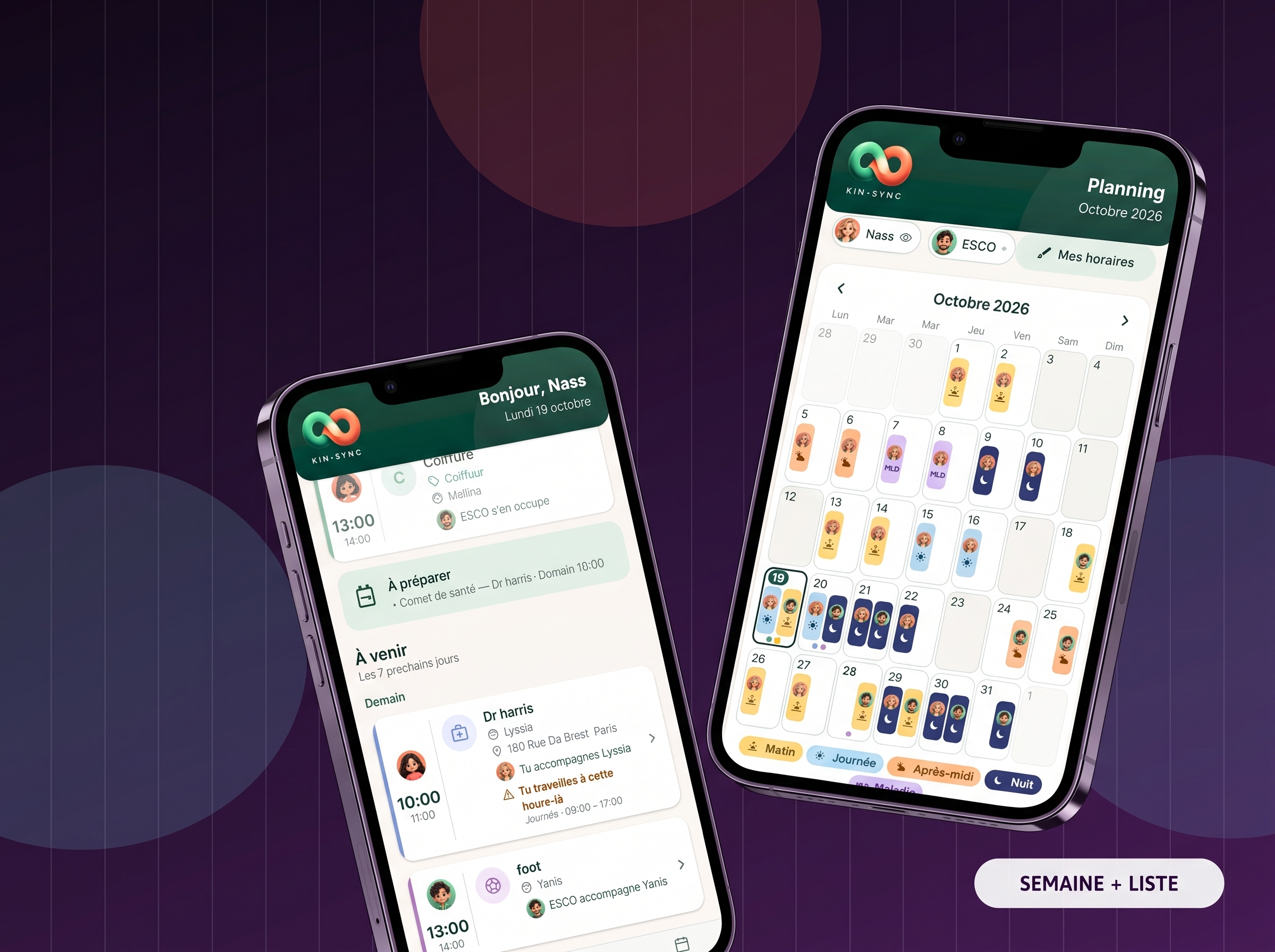 Visuel KIN-SYNC montrant les plannings familiaux sur deux téléphones