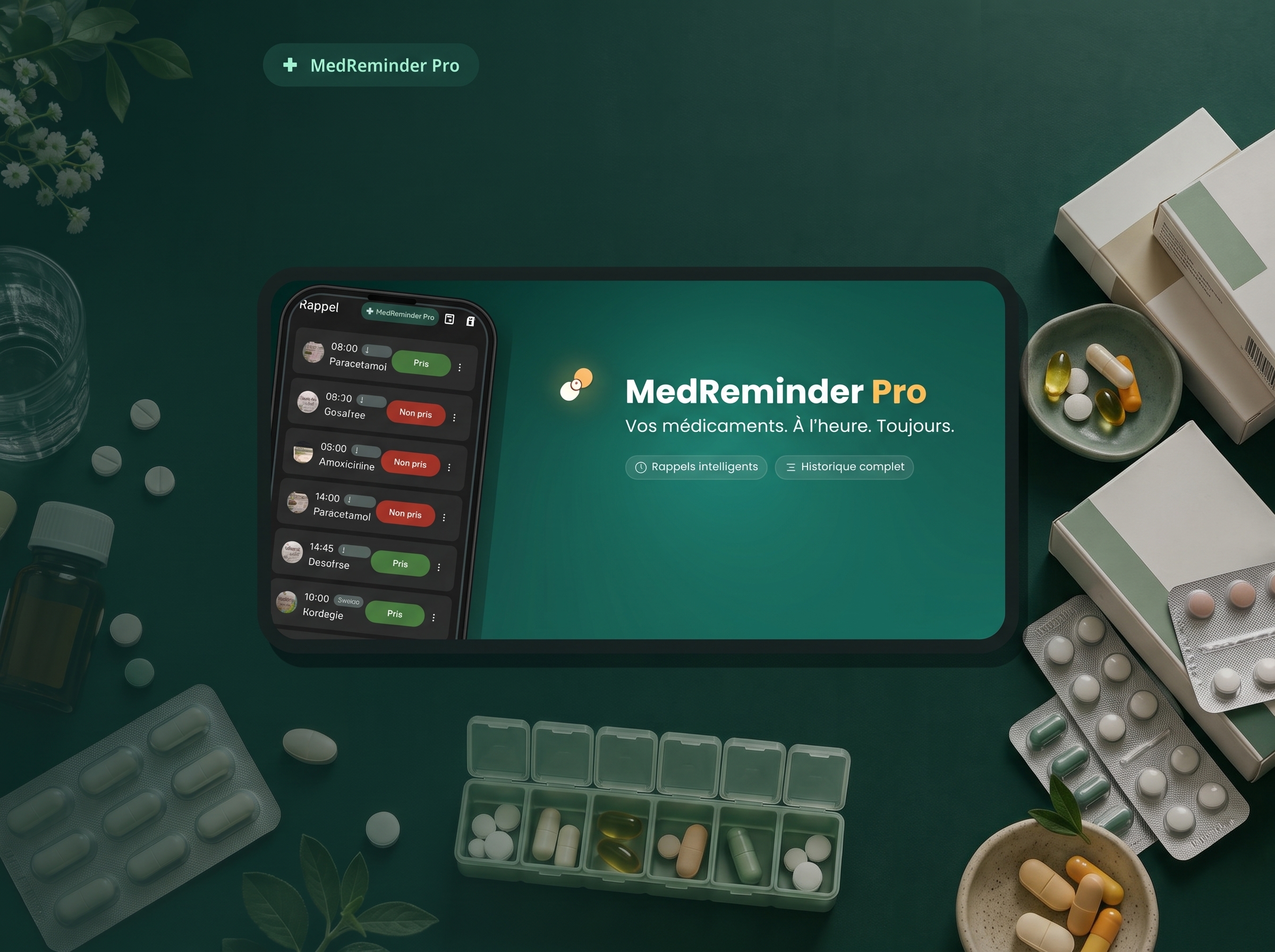 Visuel promotionnel MedReminder Pro avec l’application et son univers graphique